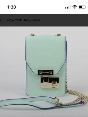 Rebecca Minkoff Mint Leather Phone Bag Crossbody Strap with Gold Chain